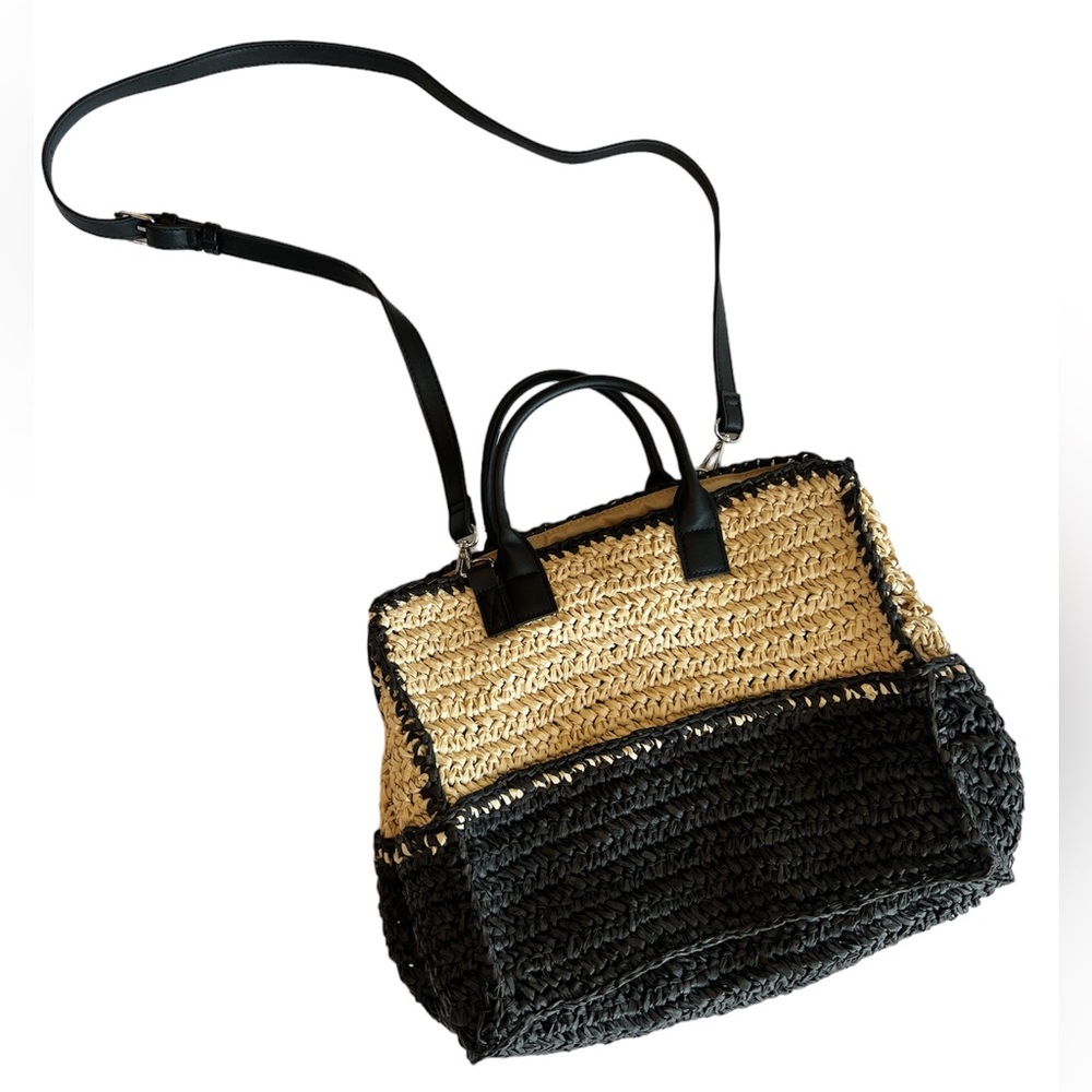 SAKS OFF 5TH New Straw Bag w crossbody strap. Black and brown straw purse